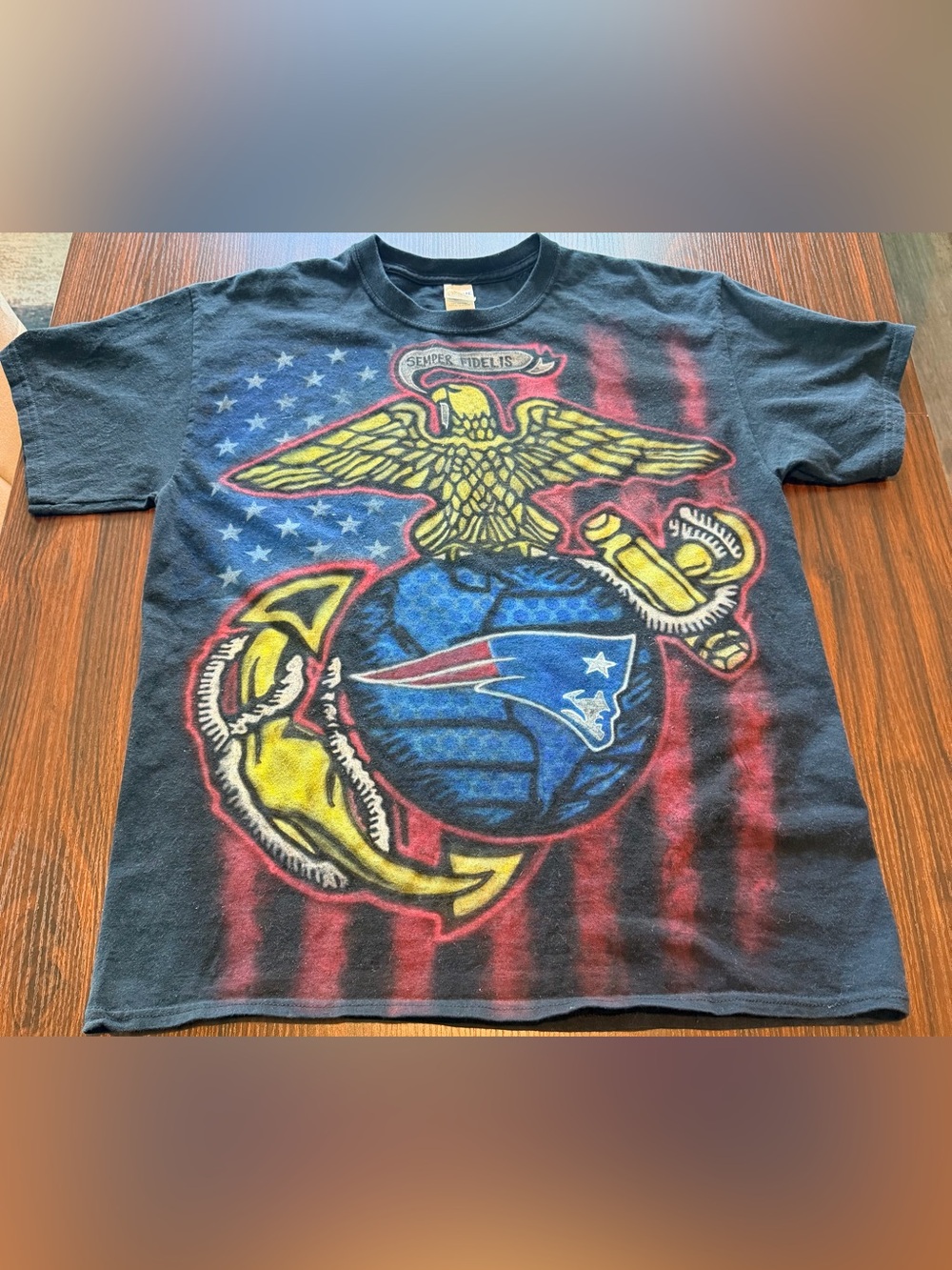 USMC US Marines New England Patriots Mens Black Graphic Tee Shirt Size L